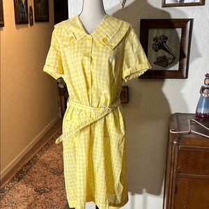 VTG Yellow Gingham House Dress with Belt